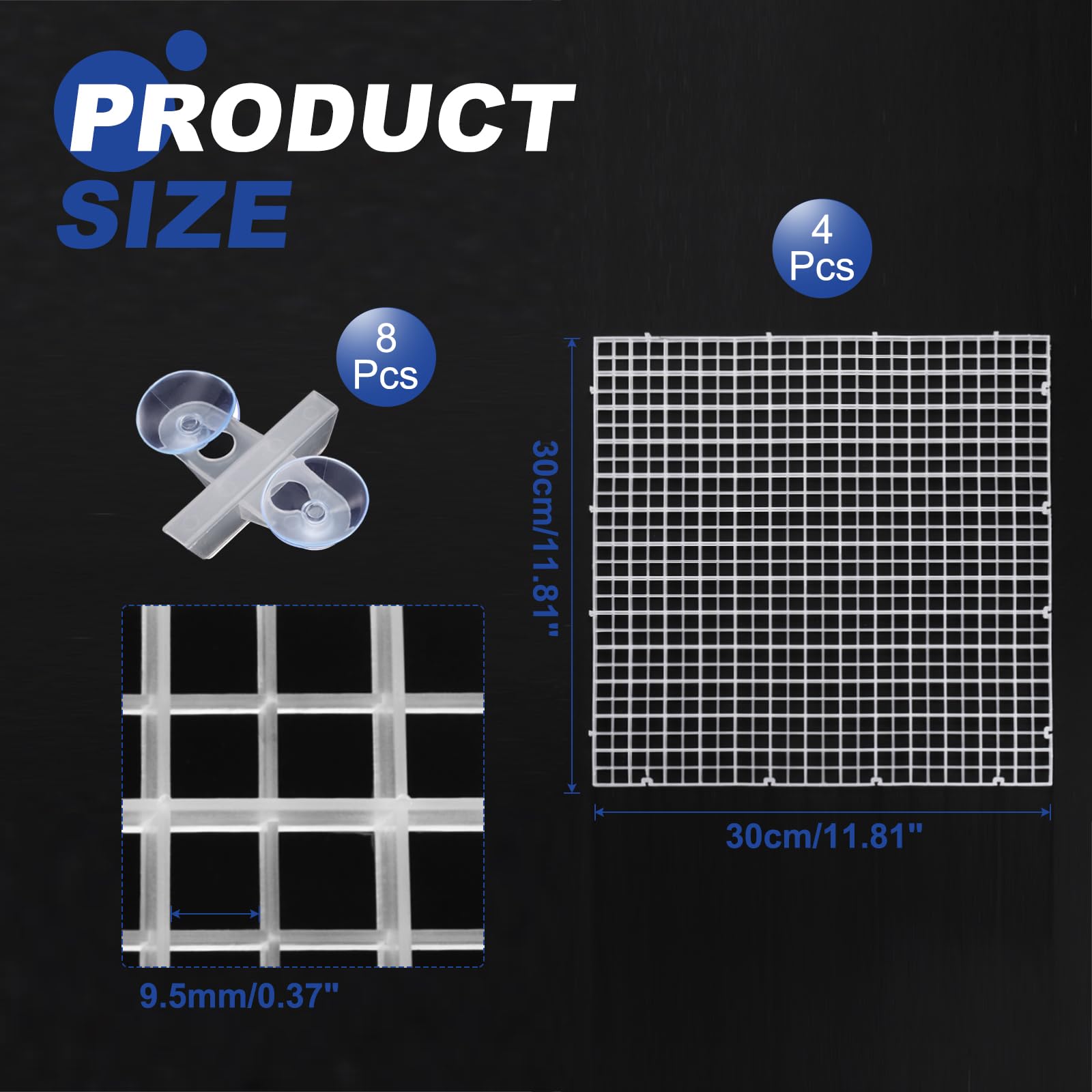 sourcing map Lot de 4 séparateurs d'aquarium, 30,5 x 30,5 cm en plastique pour cage à œufs, diffuseur de lumière, séparateur inférieur avec ventouses et ventouses pour aquarium, transparent
