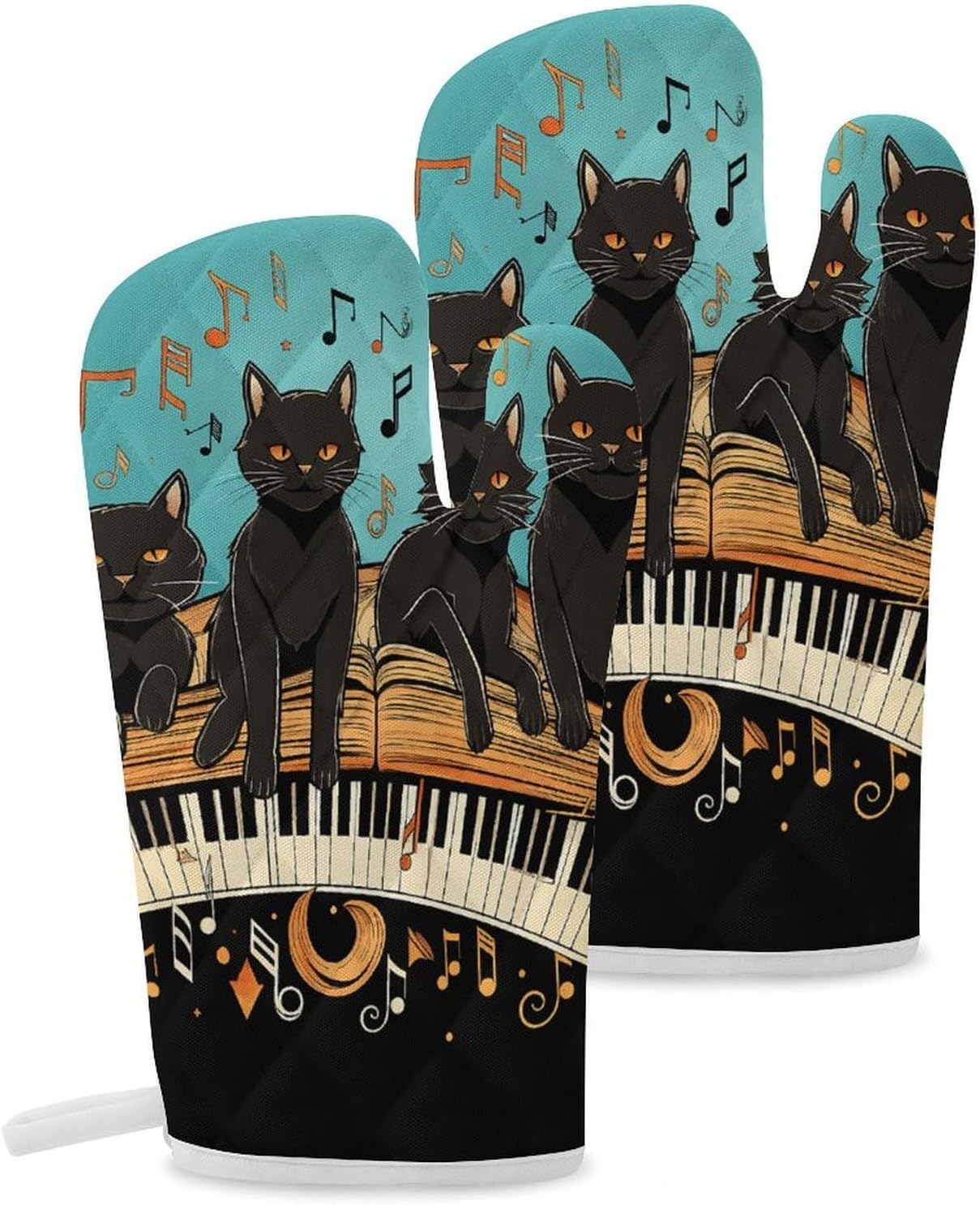 2 Pcs Oven Mitts Heat Resistant Kitchen Gloves Soft Safety Four Black Cats Lying on The Piano Keyboard Oven Glove for Microwave, Barbecue