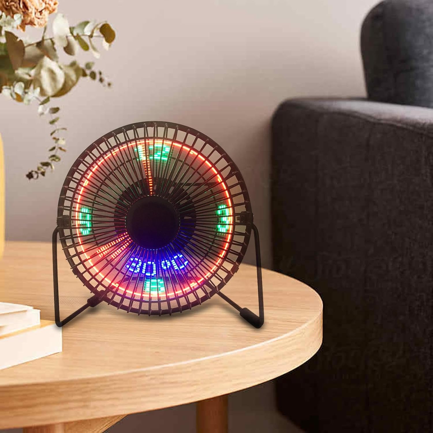 USB Fan with Clock Feature, Mini Cooling Device for Table Use, Black, 6 Inch Temperature