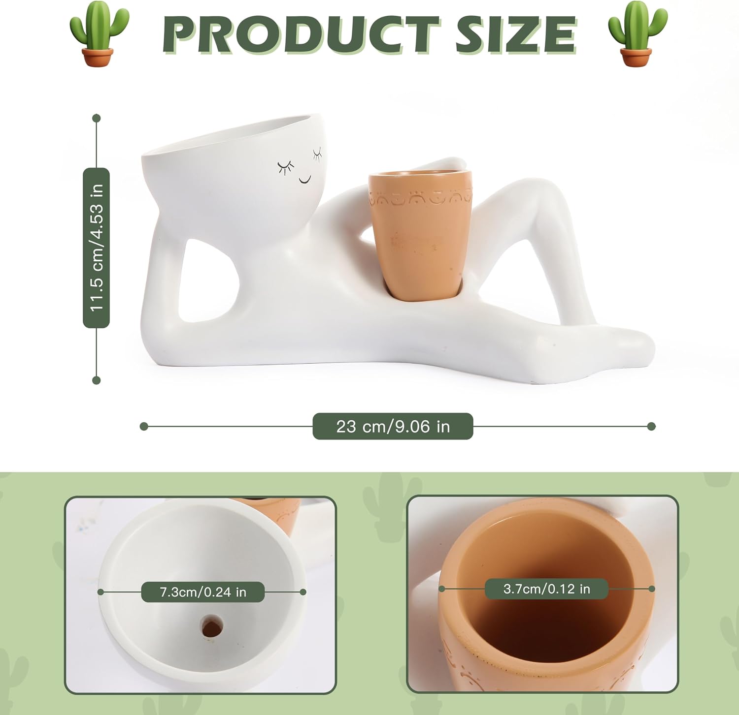 Lazy Guy Planter, Suitable for Small Indoor Plants, Cacti, and Succulents. Ceramic Plant Pots with Drainage Holes - Modern Decorative Flower Pots for Desk, Home and Office Decor