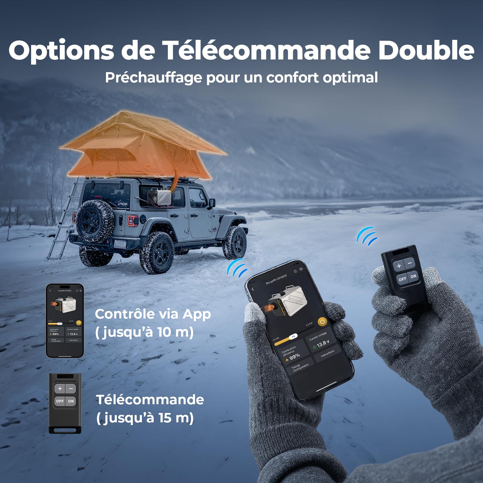 BougeRV Chauffage Diesel 5kW avec Minuteur Pompe Silencieuse Contrôle FB/App Écran LCD Chauffage Stationnaire 12/24V 220V Tout-en-Un Tuyau D'Échappement Vissable Protection Anti-Fuite