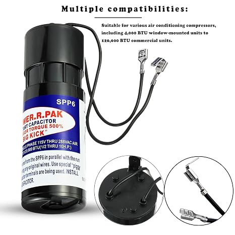 SPP6 Hard Start Capacitor Replacement 115V Thru 288VAC Hard Start kit for air Conditioner Units from 4,000 to 120,000(1/2 Thru 10H.P.),Increases Compressor Torque 500% (1)