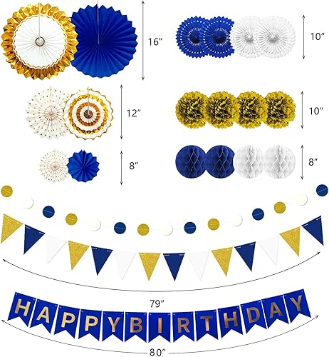Miniatura 4 de Decoración de fiesta de feliz cumpleaños azul marino y dorado, 24 abanicos de papel colgantes, guirnalda de flores con pompones, guirnalda