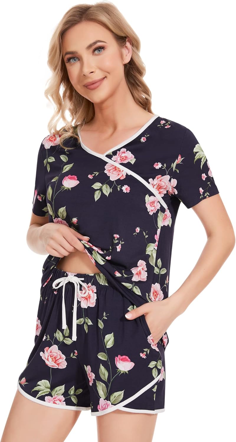 NACHILA Pajamas for Women-Viscose Made from Bamboo, Pjs Short Sleeve Sleepwear V Neck Loungewear Soft Pajama Sets - Image 3