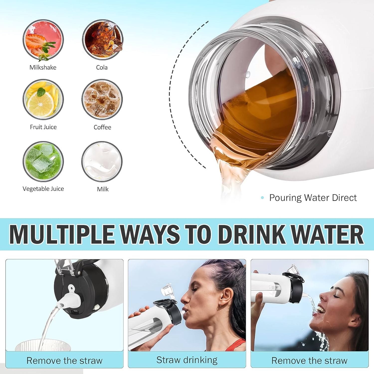 Kodrine Water Bottle With Straw and Carry Handle, Glass Water Bottle 24 oz Leak Proof Locking Lid with Soft Silicone Spout, Reusable Drinking Cups for Travel Sports with Time Marker,White - Image 5