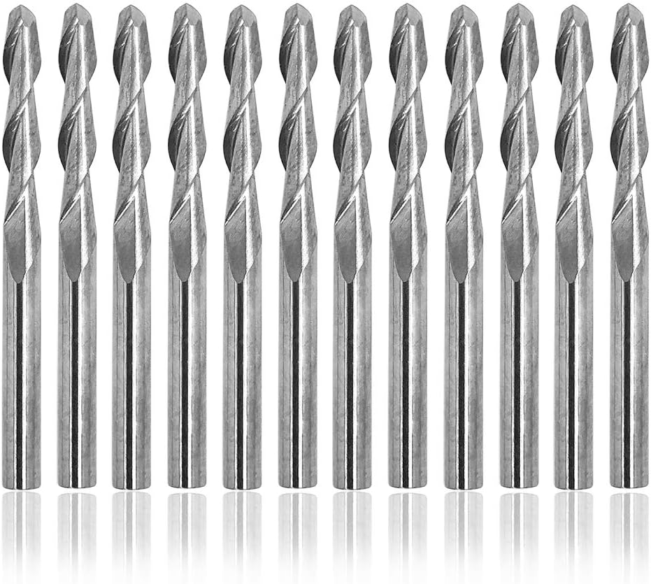 AFUNTA 12 Pcs 1/8"(3.175mm) Ball Nose End Mills, Ball Nose Bits 3mm Cutting Dia Cutter, Tungsten Steel Upcut Bit 17mm Flute Length
