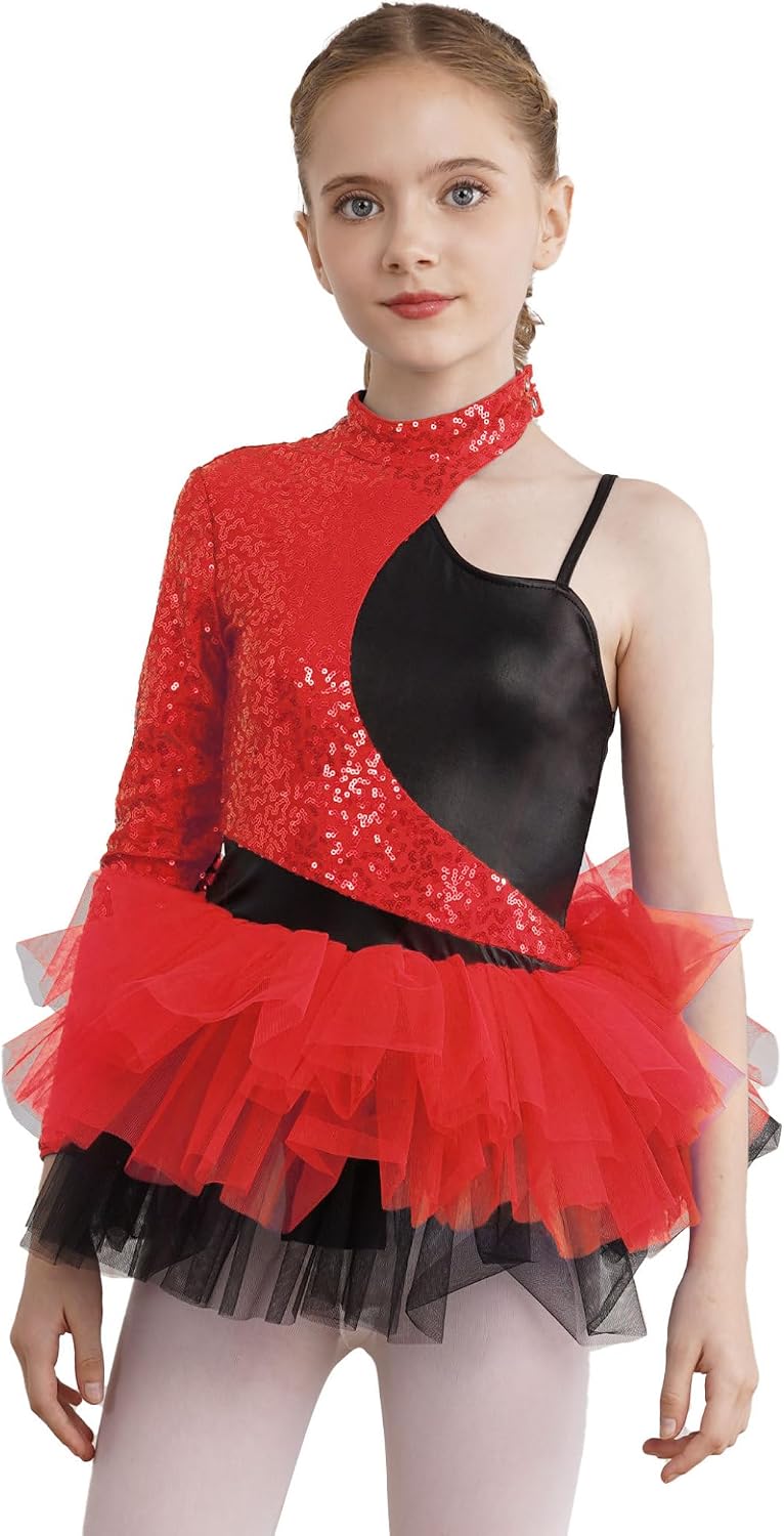 Shinsto Kids Girls Sequins Jazz Latin Dance Dress Single Long Sleeve Splice Mesh Dance Leotard Tutu Dress