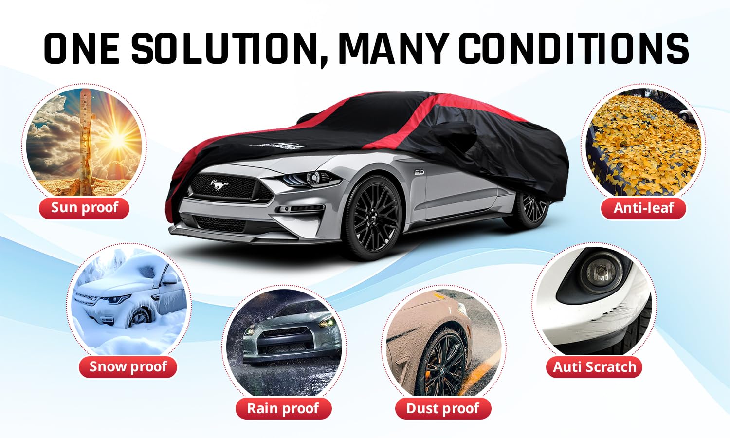 Mustang Car Cover Waterproof All Weather with Red Strip Design Custom Fit for Ford Mustang 1994 2025 Mustang — view 6