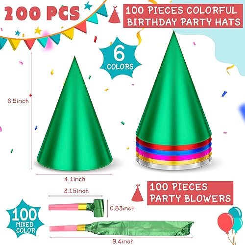 Miniatura 2 de Sotiff Juego de 200 sombreros y sopladores para fiesta de cumpleaños, cono colorido, sombrero metálico de papel de aluminio para niños y adultos,