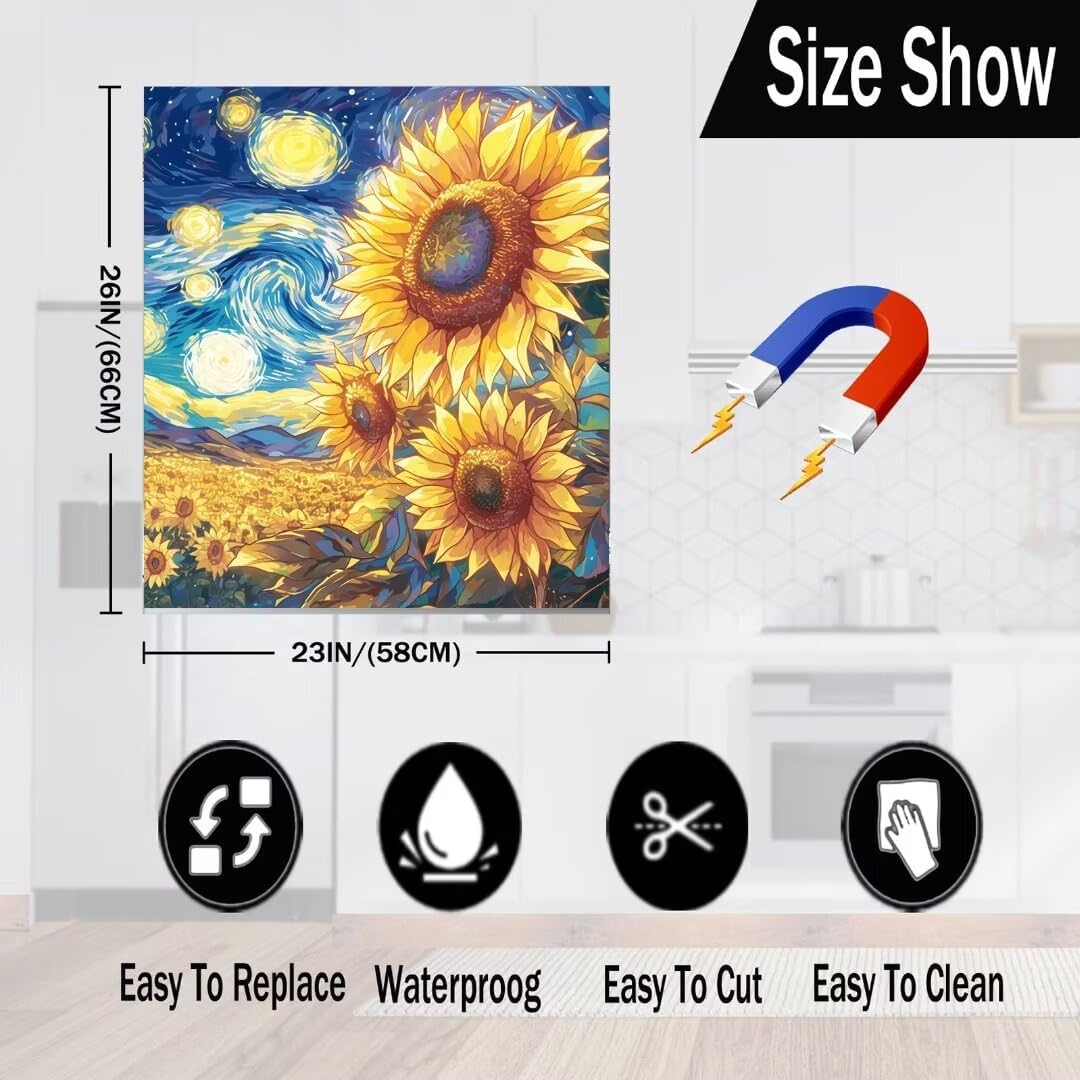 Farmhouse Sunflower Dishwasher Door Magnet Cover Home Appliance, Sunflower Field Magnetic Refrigerator Cover Panel Sheet, Starry Sky Painting Vinyl Fridge Sticker (23" W x 26" H Magnetic)