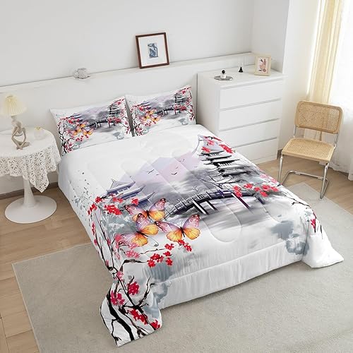 Miniatura 3 de Juego de ropa de cama estilo tinta japonesa, juego de ropa de cama de flor de ciruelo rojo, tamaño individual, para mujeres y niñas, con diseño de