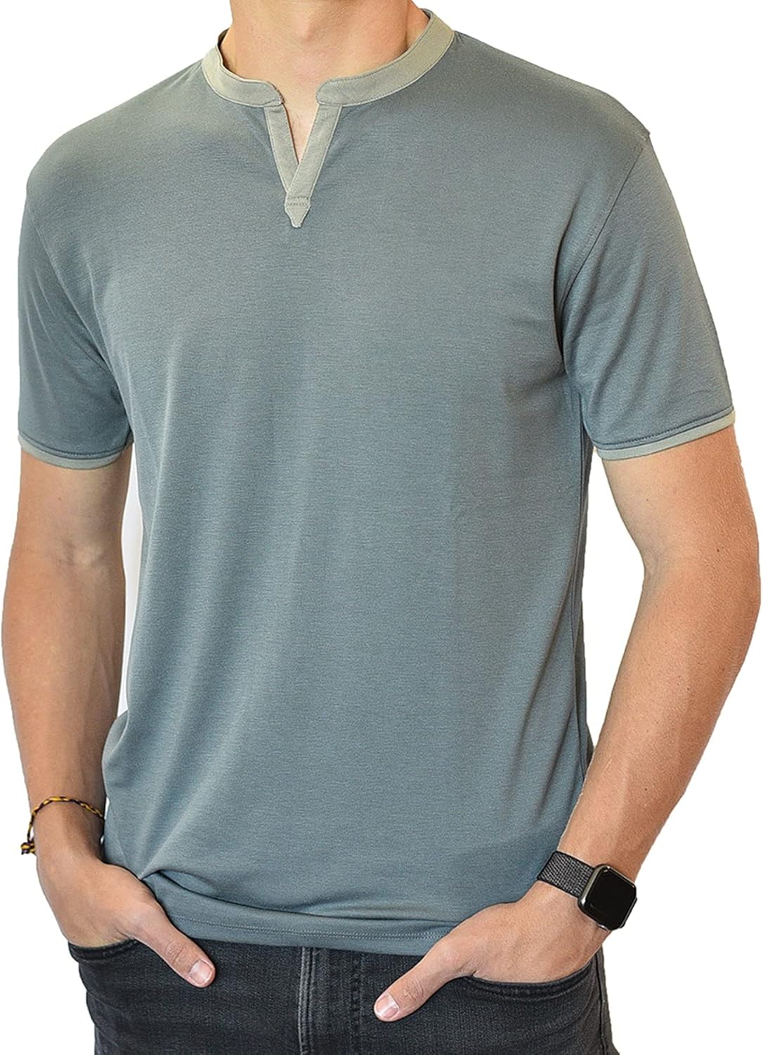 Men's Short Sleeve Soft Luxurious Rayon Blend, Breathable, Quick Dry, Henley Notch V-Neck, Banded Collar Shirt