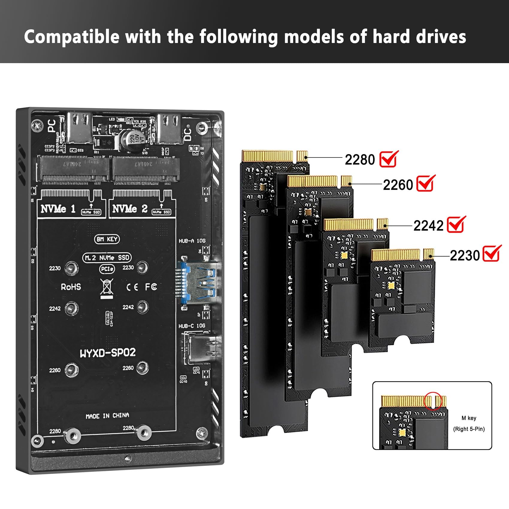 Boîtier de Disque Dur M.2 NVMe Double Baie Boîtier de Disque Dur Gen2 Station d'accueil HUB 10 Gbit/S Accessoires de Disque Dur