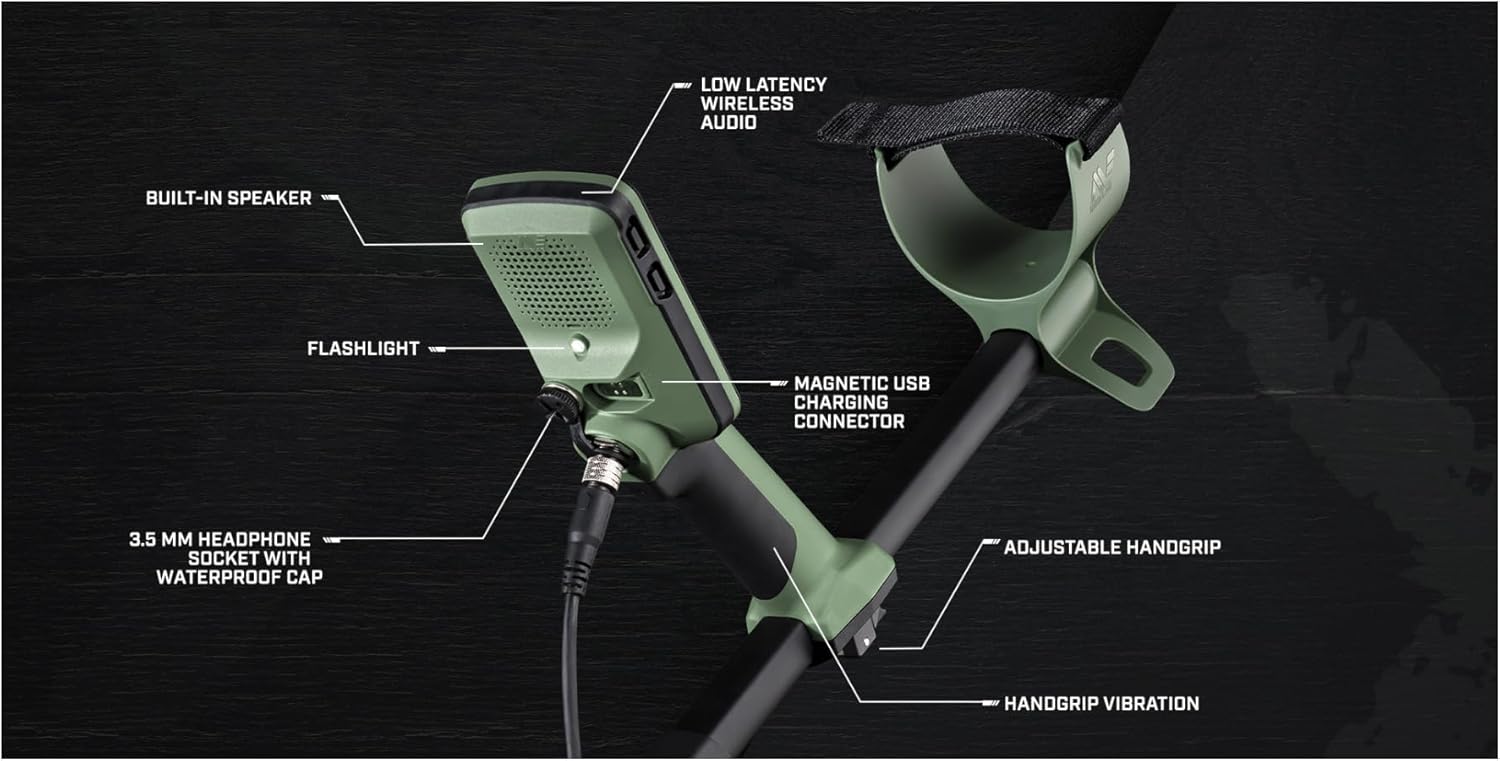 Minelab X-Terra Pro control pod showing magnetic USB charging connector and other features