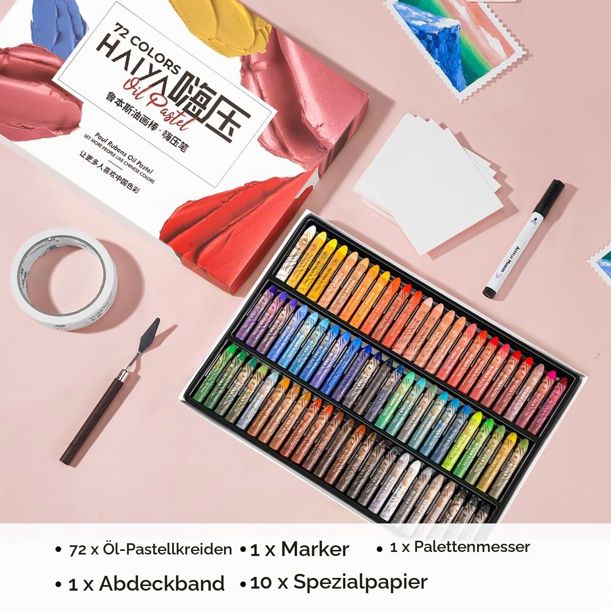 Paul Rubens Ölpastell-Kit, 72 Farben HaiYa Artist Soft Ölpastelle Lebendig und cremig, und 10 Blatt Ölpastellpapier, 1 Abdeckklebstoff, 1 Spachtel und 1 schwarzer Acryl-Marker-Stift