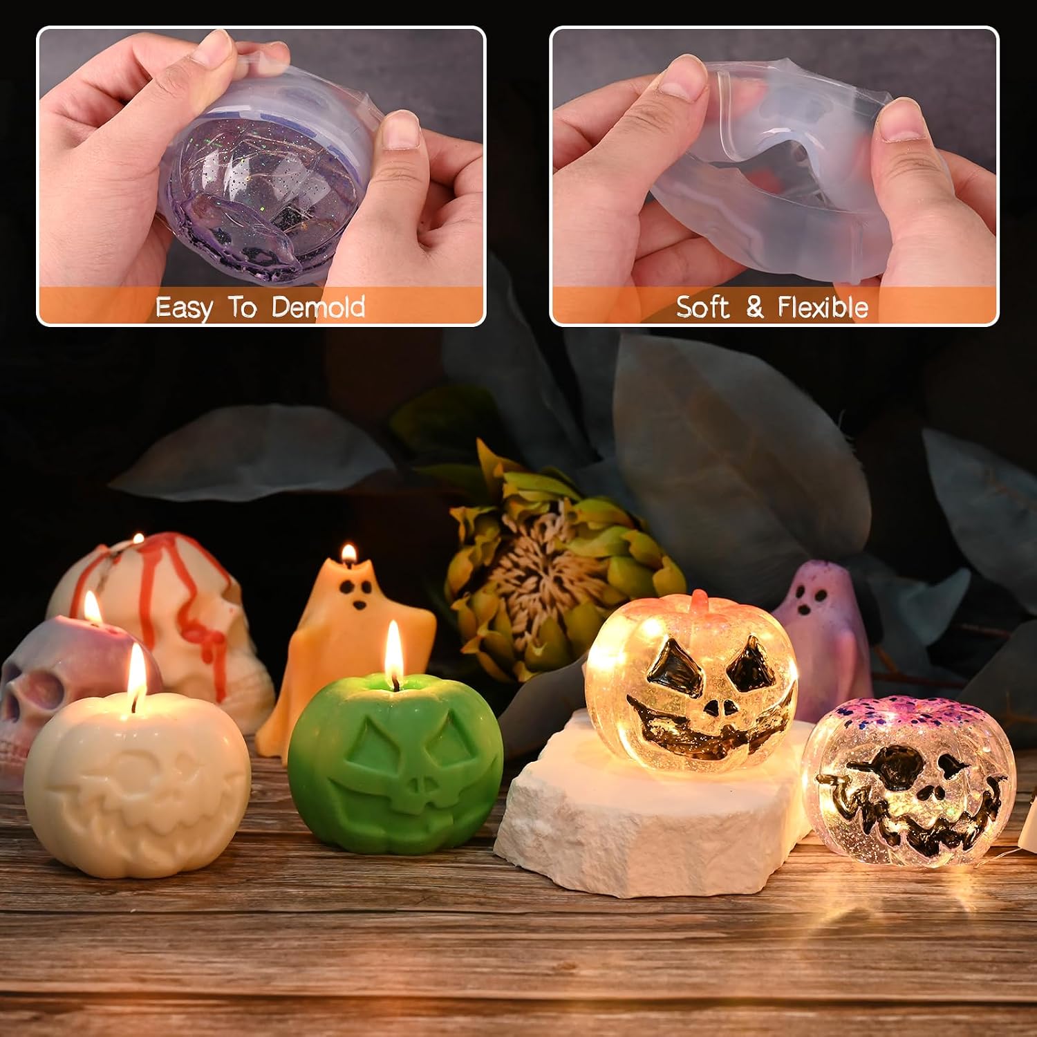 HUAKENER 2 Pack Pumpkin Candle Molds, 3D Halloween Candle Molds