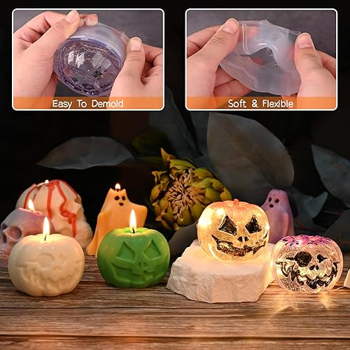 Miniatura 5 de HUAKENER Paquete de 2 moldes de velas de calabaza, moldes de velas de Halloween 3D, molde de silicona de calabaza para resina epoxi, vela, jabón