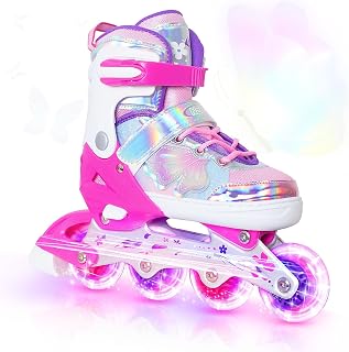 Nattork Adjustable Inline Skates for Kids Girls Boys - 4 Sizes Light Up Wheels Butterfly Design Indoor Outdoor Rollerblades