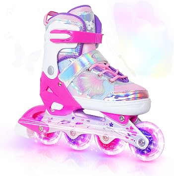 Nattork Girls Inline Skates for Kids Boys, 4 Sizes Adjustable Butterfly Blades Skates with All Light up Wheels - Birthday Gift for Indoor Outdoor Sports