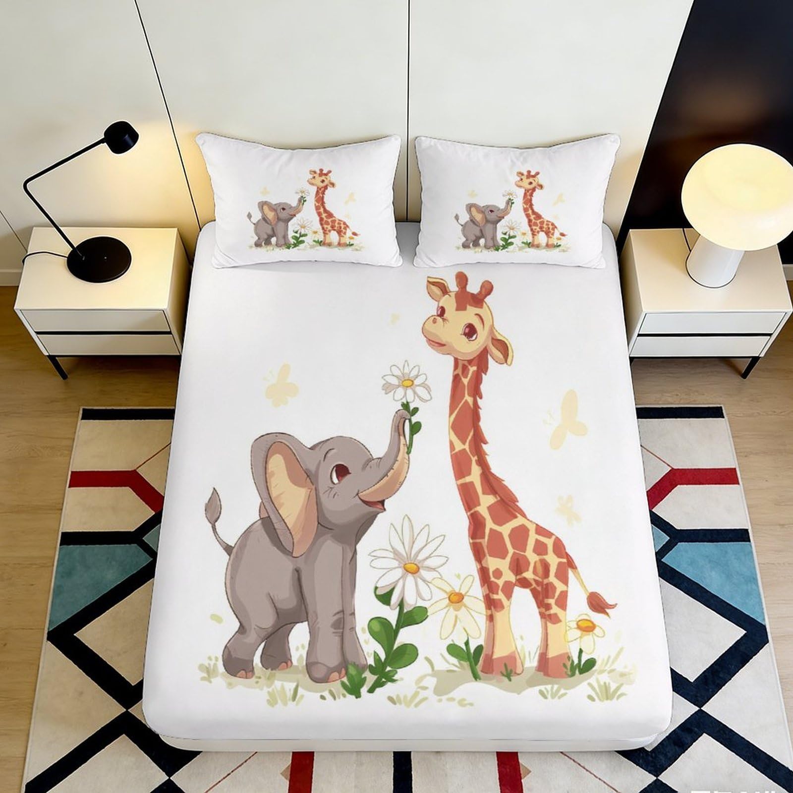 3D Printed Cute Elephant and Giraffe Fitted Sheet Microfiber Soft Breathable Floral Bed Sheet Mattress Cover for Bedroom Dormitory Guest Room Protection 120x200x25cm