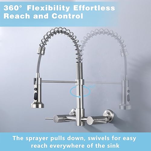 Miniatura 6 de BZOO SIU- Grifo de cocina de montaje en pared, 8 pulgadas, centro de pared, grifo de fregadero de cocina con rociador extraíble, comercial, níquel