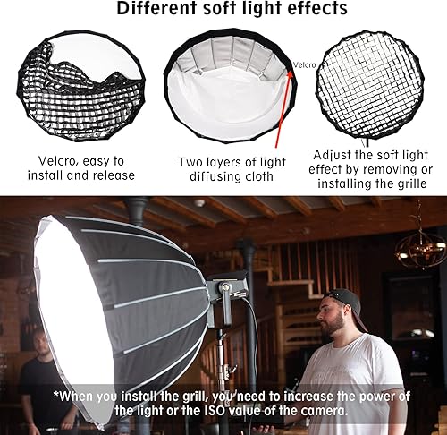 Miniatura 3 de IFOOTAGE Caja suave parabólica profunda rejilla extraíble de panal negro 2 difusores blancos integrados marco de aleación de aluminio adecuado para