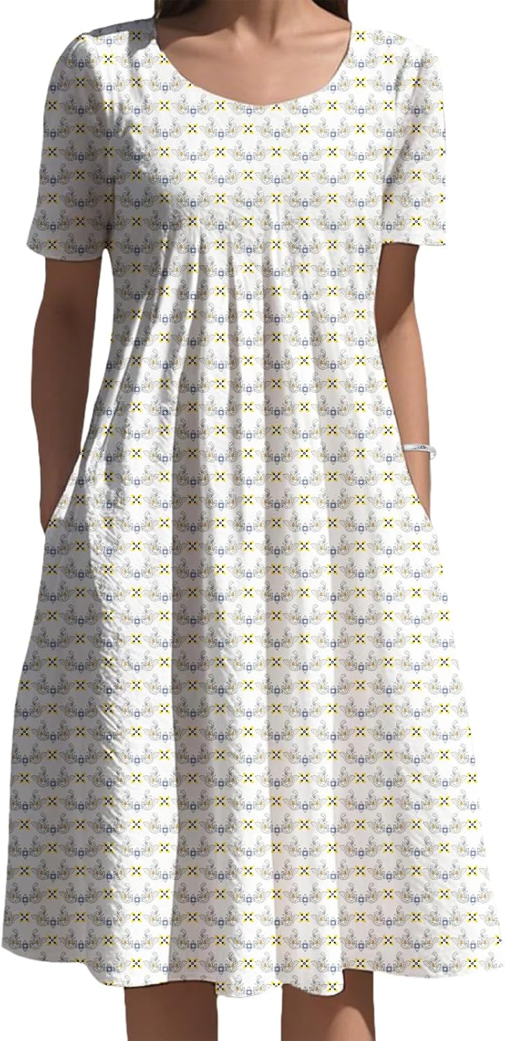 Summer Boho Floral Dresses 2025 Summer Swing A-line Dress Casual Short Sleeve Midi Dress with Pockets