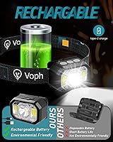 Vista 6 de Paquete de 2 lámparas de cabeza, 1200 lúmenes, USB tipo C, sensor de movimiento, recargable, 6 modos, linterna frontal ultraligera con luz roja