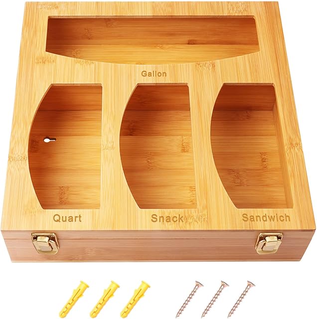 Bamboo Ziplock Bag Storage Organizer for Drawer, Food Storage Bags Organizer Baggie Organizer Holders Dispenser for Kitchen Drawer, Suitable for Gallon, Quart, Sandwich & Snack Bags Variety Size