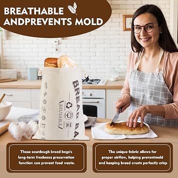 Bread Bags for Homemade Bread 2 Pack, XL Reusable Linen Food Storage Bags with Beeswax Lining- Storage Bags for Homemade Bread - Making Accessories Gift for Bakers 13x17 size (Beige)
