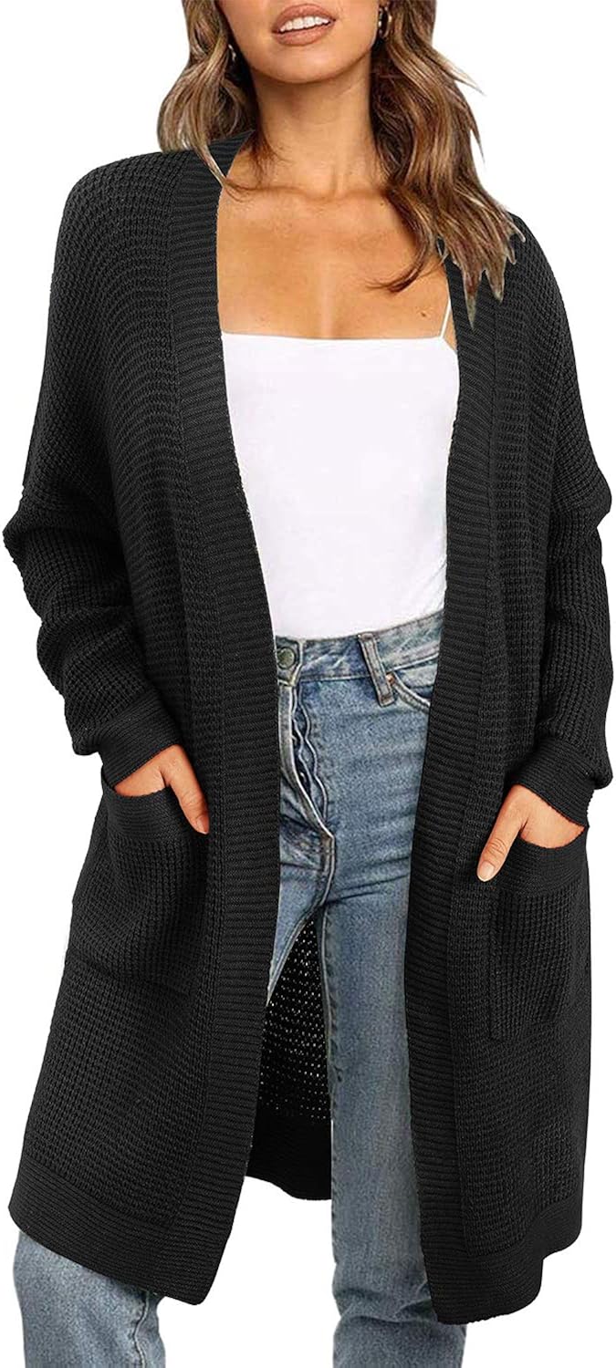 OUGES Women's Long Sleeve Open Front Chunky Knitted Cardigan Sweater Coat with Pockets
