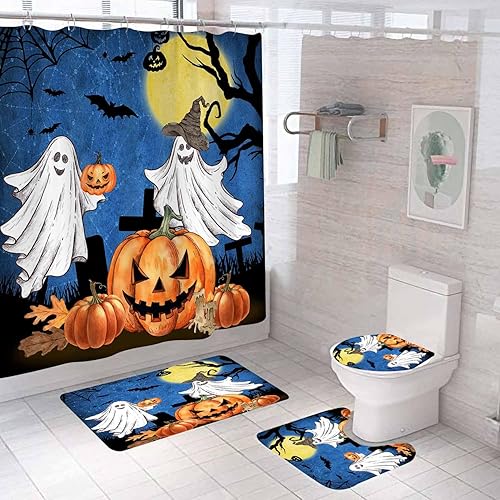 Vista 18 de Juego de 4 cortinas de ducha de calabaza de Halloween con alfombras, cortina de ducha gótica, cortina de ducha negra de tela impermeable, terror