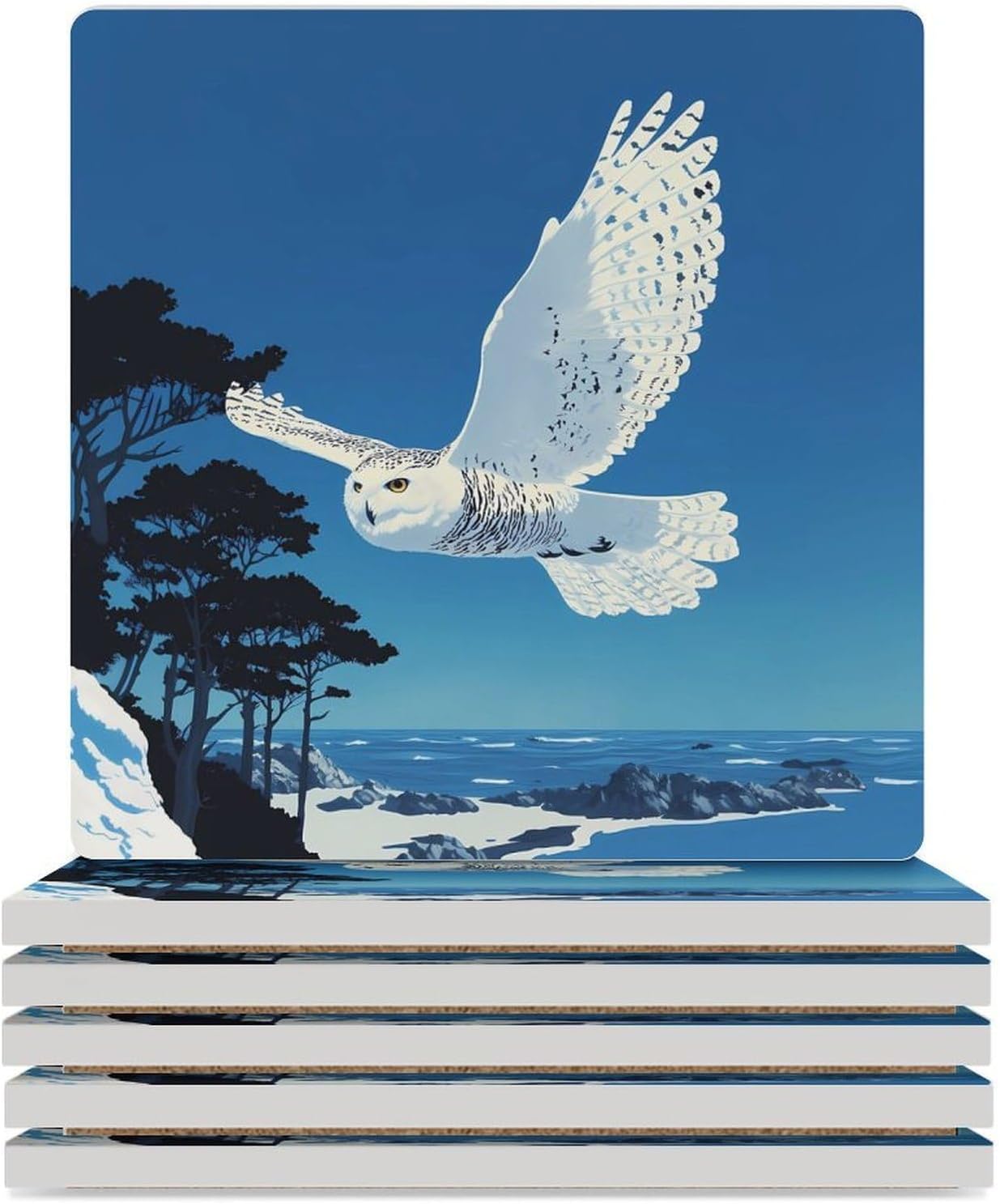 Flying Snowy Owl Funny Ceramic Coasters for Drinks Absorbent Cup Holder Tabletop Protector with Cork Base