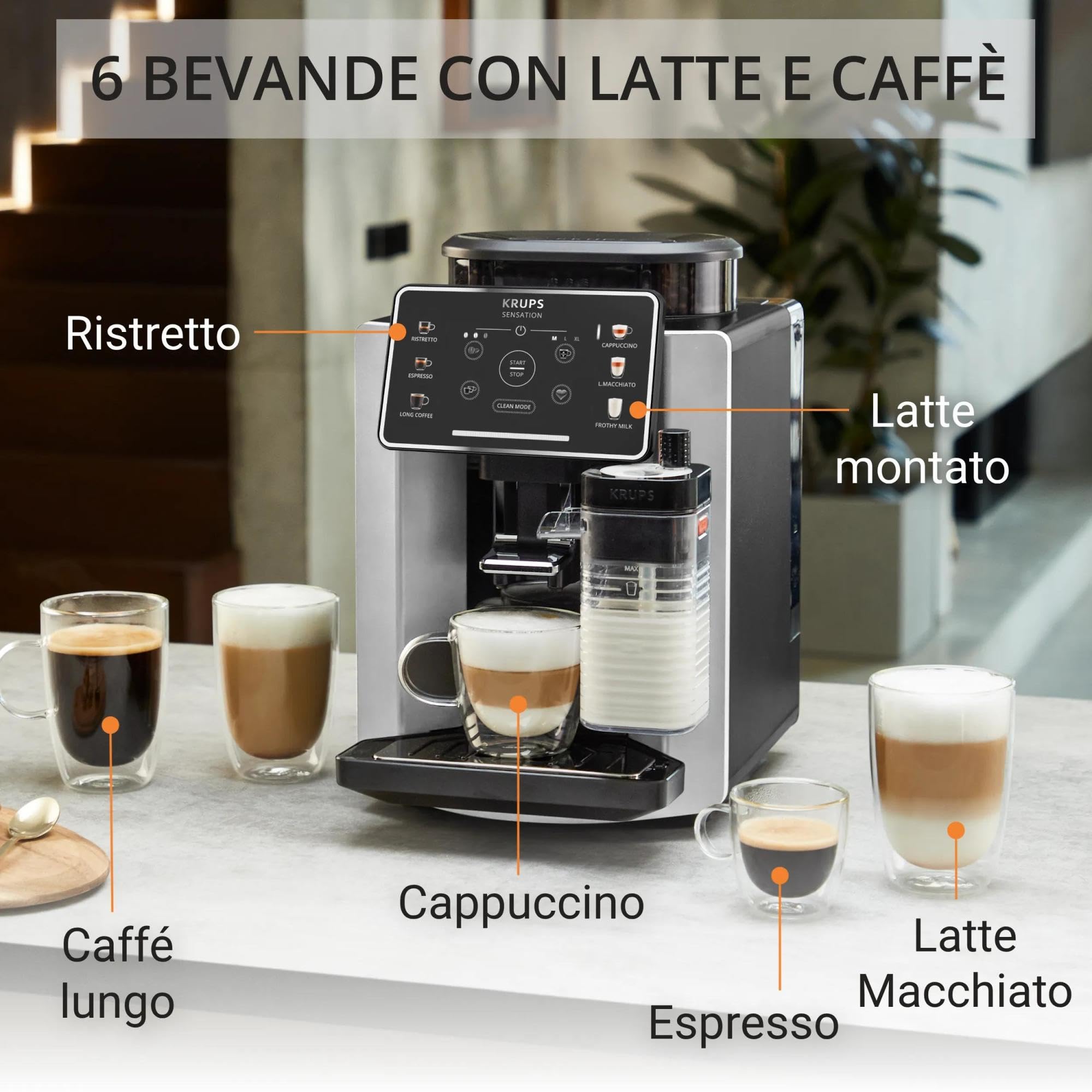 Krups Sensation Milk M50, Macchina Caffè Chicchi con Touch Screen Intuitivo, Tecnologia Milk Maestro per Creare 6 Bevande, Serbatoio del Latte Integrato, Pulizia Automatica, 1450 W, EA912E, Argento