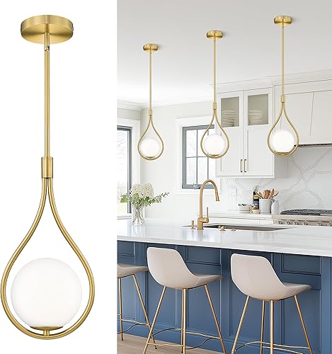 Miniatura 1 de AUTELO Luces colgantes doradas, 1 lámpara colgante de luz para isla de cocina en acabado dorado cepillado con vidrio de globo blanco lechoso,