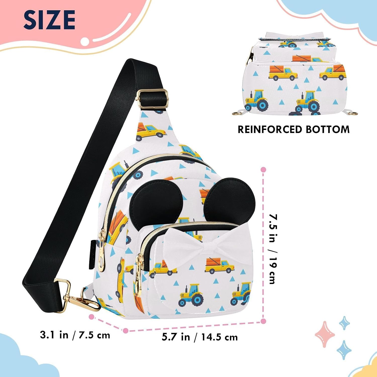 Sinestour Truck Kids Sling Bag for Girls, 3.1"x7.5"x5.7" | Crossbody Fanny Pack, Toddler Purse, Cute Sling Belt Bag with Ears, 2L Small Shoulder Chest Bag for Travel