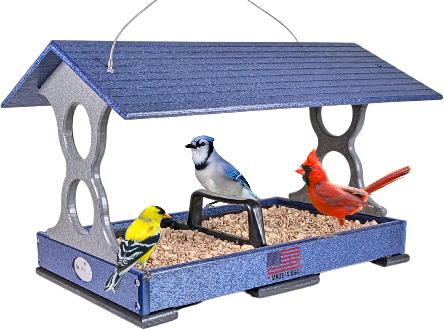 JCs Wildlife Green and Tan Large Fly Thru Bird Feeder with Removable Seed Tray with Drainage Holes - Holds 8 Cups of Seed - Platform Bird Feeder - Easy to Clean