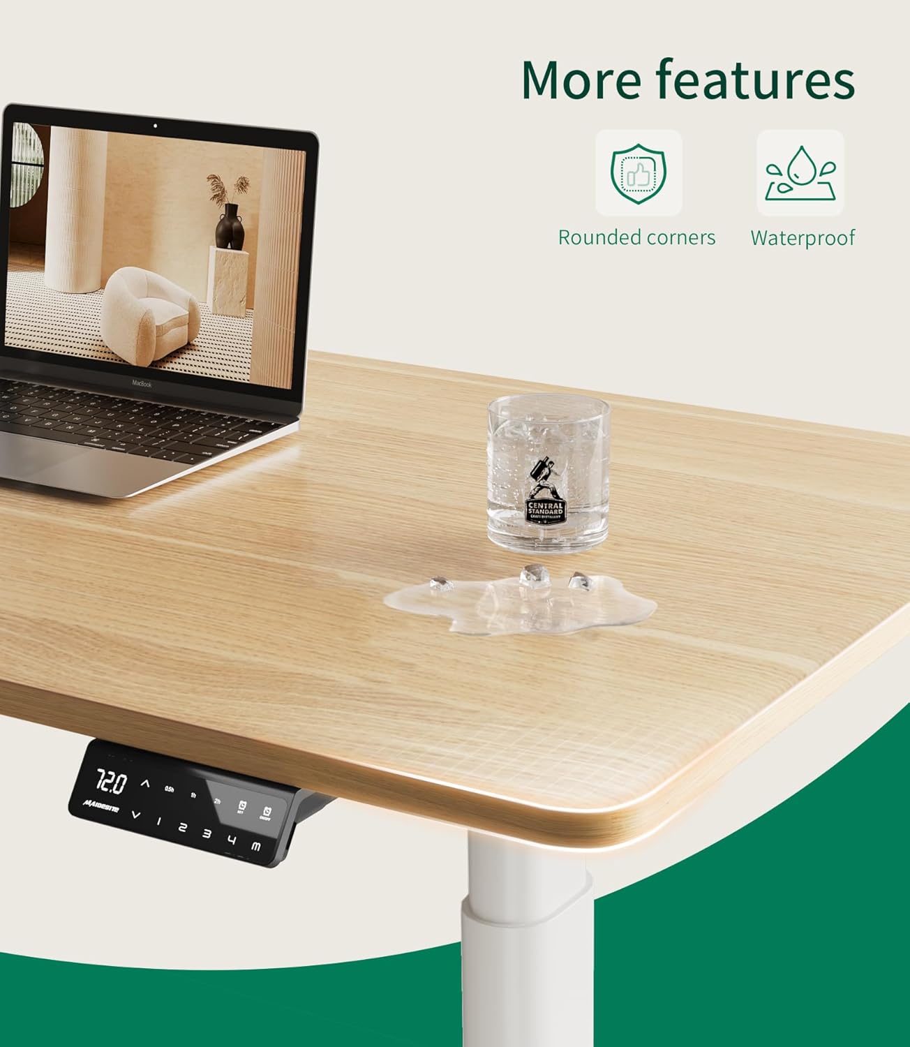 Close-up of the tabletop showing a spilled glass of water and rounded corners, demonstrating its waterproof and safe design.