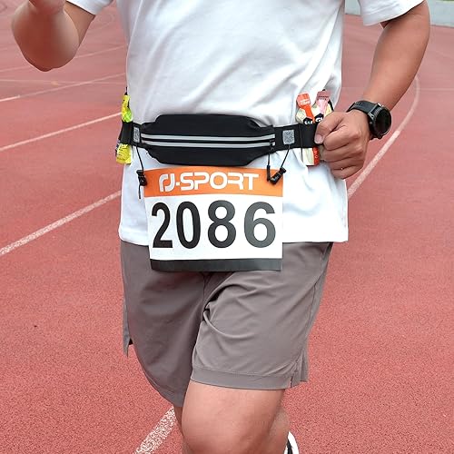 Miniatura 6 de RJ-Sport Cinturón de triatlón con bolsa, soporte para babero con número de carrera con 6 trabillas de gel, ideal para correr, ciclismo y maratón 01