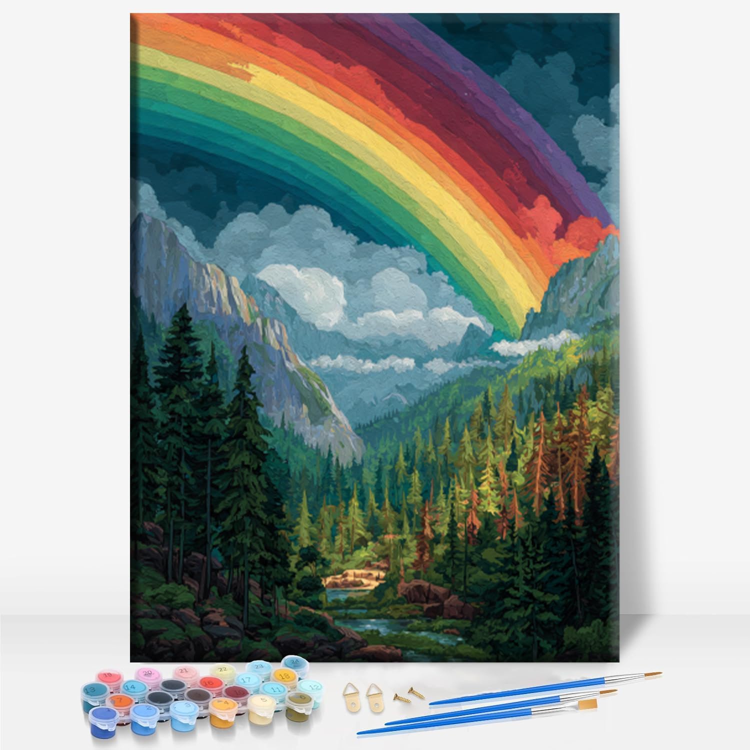 Aeontinity Watercolor Rainbow Mountain Scenery Framed Canvas DIY Paint by Numbers Kit Bar Cafe Cave Home Room Wall Bathroom Porch Patio Decor Gift, 16 x 12 Inch