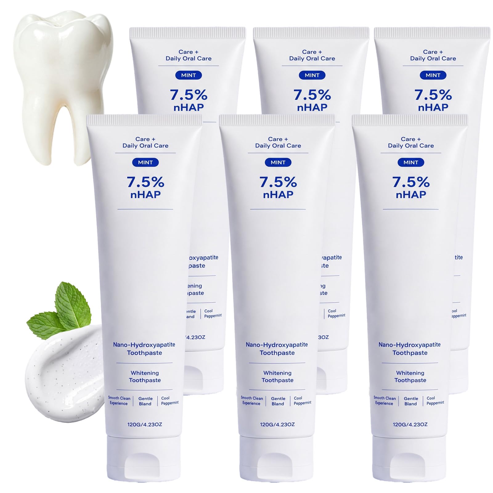 Dentifrice reminéralisant à la nano-hydroxyapatite sans fluor, remove douce des taches, blanchiment pour dents sensibles, soin de l'émail et haleine fraîche à la menthe (6pcs)
