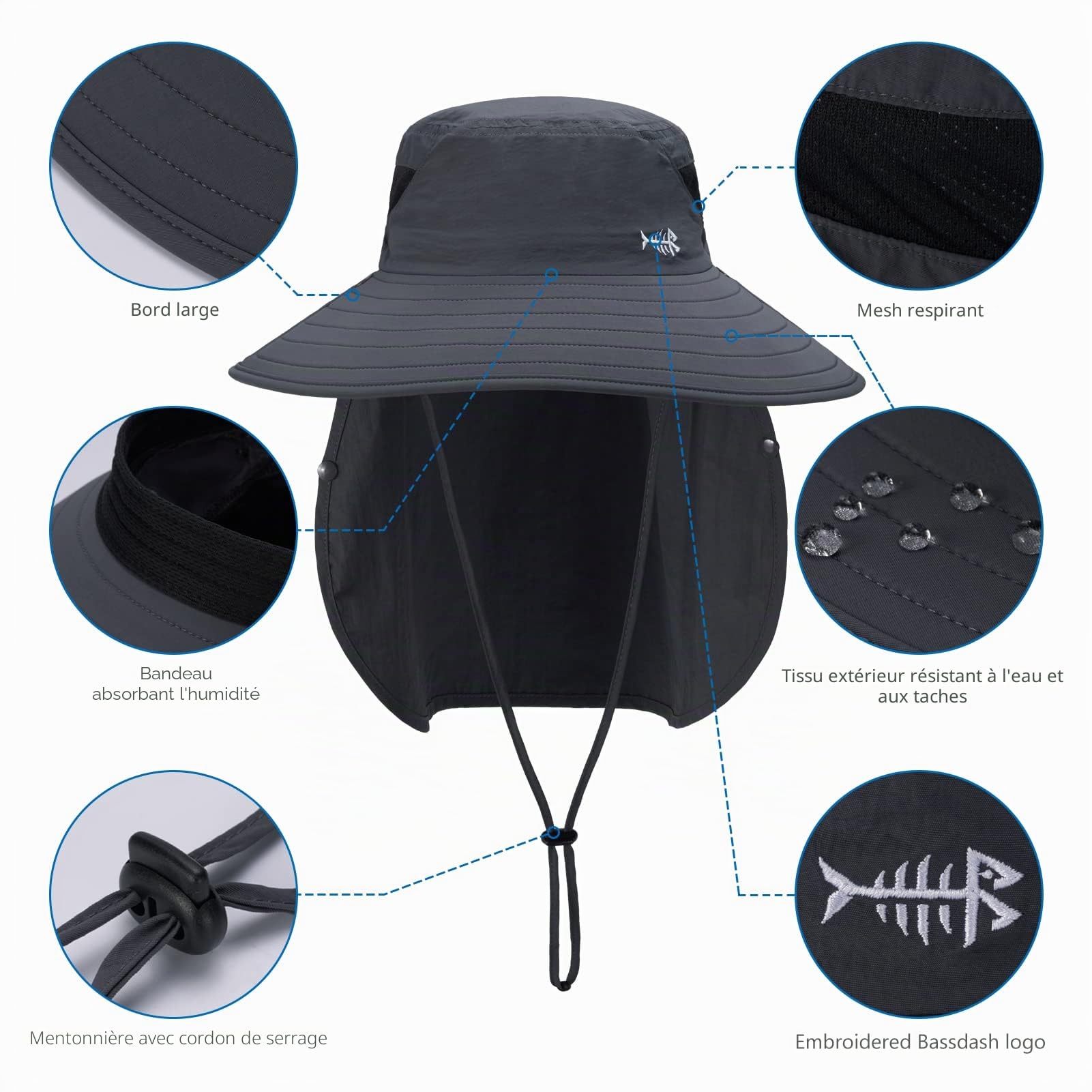 Bassdash Chapeau de Soleil Respirant UPF 50+ avec Couvre-Visage Amovible et Rabat de Cou Chapeau Unisexe à Large Bord résistant à l'eau pour la pêche la randonnée l'extérieur Les Hommes et Les Femmes