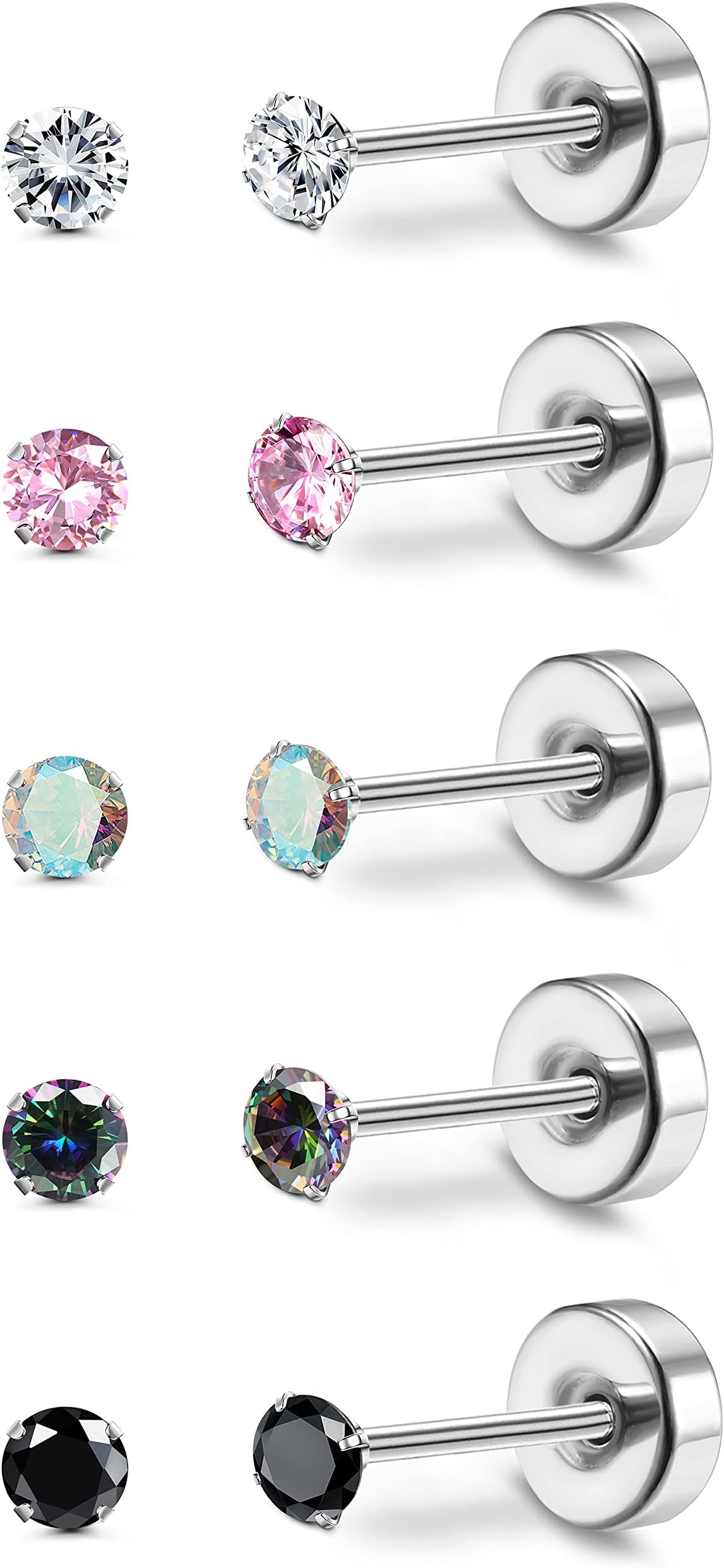 5 Pairs Titanium Earrings for Women Men G23 Pure Titanium Earrings for Sensitive Ears Cubic Zirconia Surgical Stainless Steel Flat Back Stud Earrings Hypoallergenic Piercing Sleeper Cartilage Screwback Studs