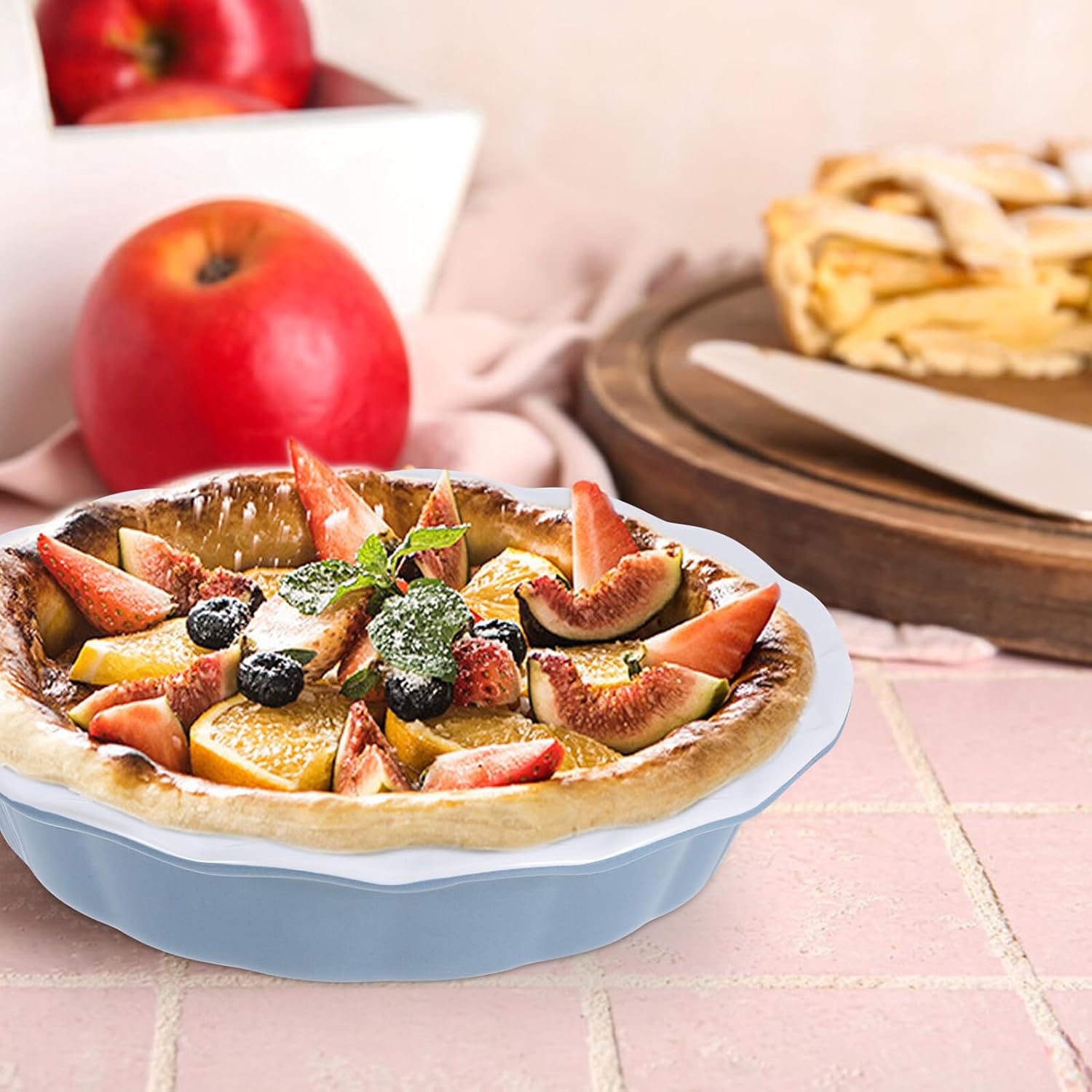 Ceramic Pie Dish round Baking Pan with Ruffled Edge, Deep Fluted Porcelain Pie Plate for Versatile Oven Baking, Dinner and Dessert Use, Blue Exterior White Interior, 1pcs