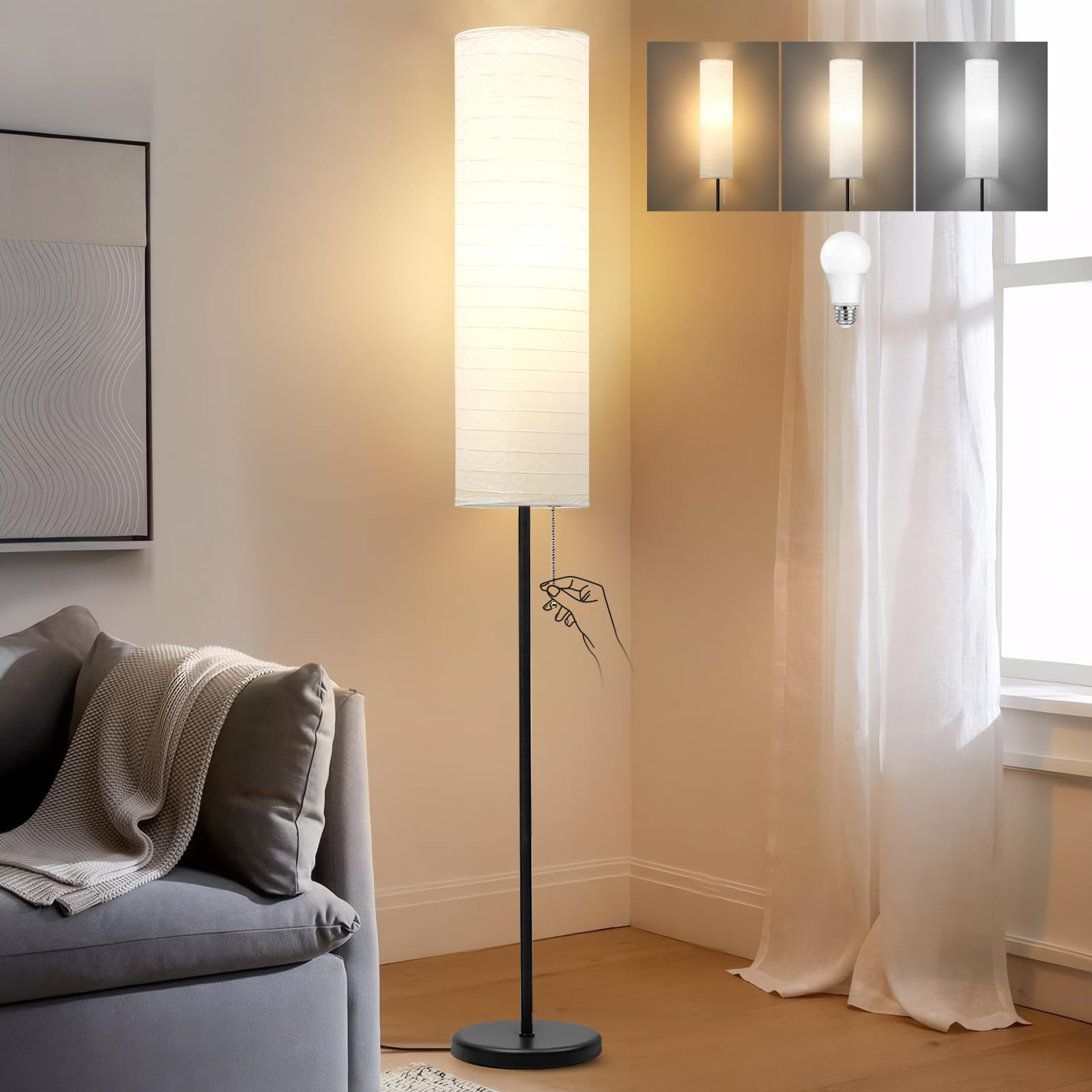 GyroVu Lámpara de Pie para Salón y Dormitorio, 65” de Altura con Pantalla de Papel, Lámparas de Pie Modernas, 3 Temperaturas de Color, Luz Ajustable, Bombilla Incluida (Negro + Blanco)