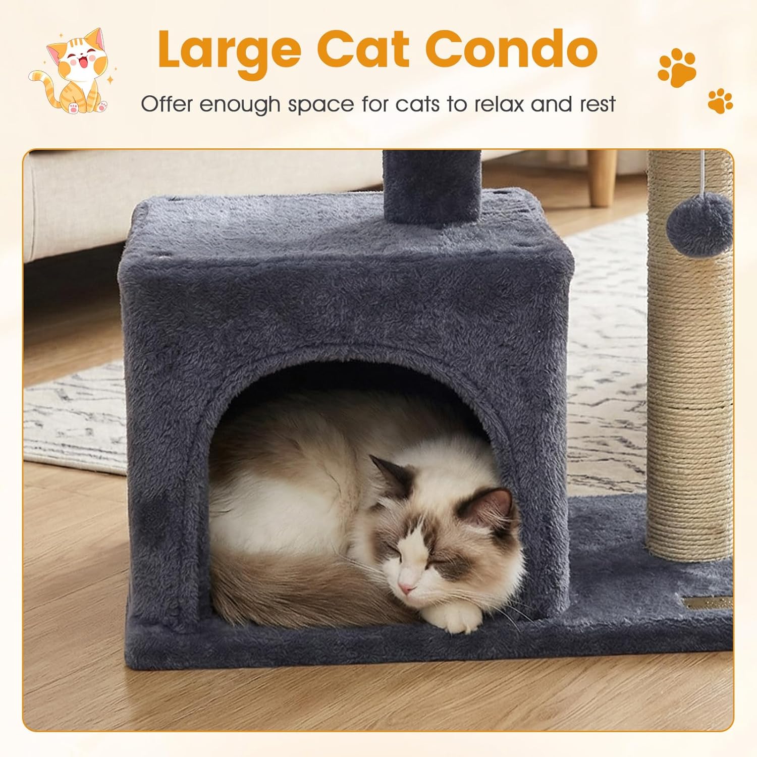 PETSITE 19.5-inch Small Cat Tree, with Sisal Scratching Post, Interactive Hanging Ball, Comfy Condo, and Spacious Top Perch, Ideal for Indoor Cats and Kittens (Dark Grey)