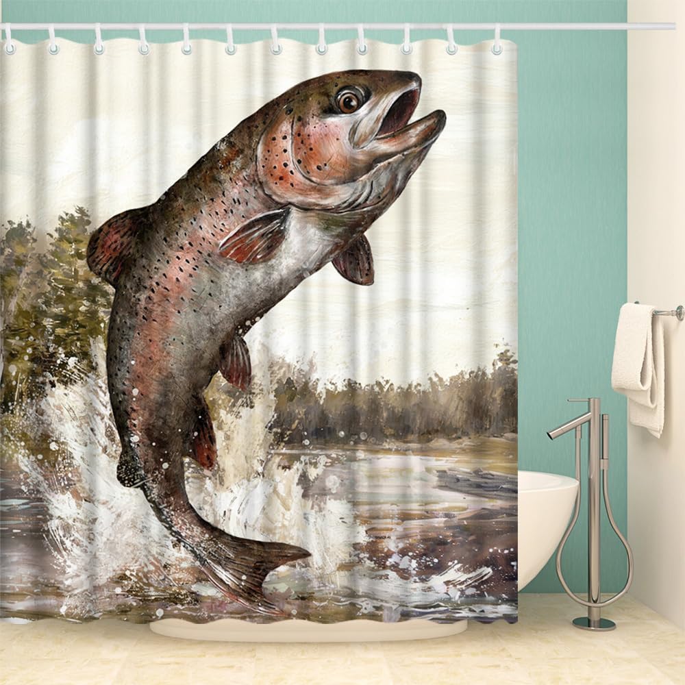 Fish Shower Curtain Trout Fish Jumping Bathroom Curtain Lake Scene Bathroom Decor, Fishing Theme with 12 pcs Hooks 72''L x 72''W