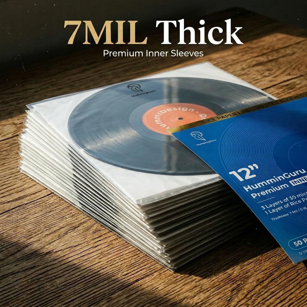 HumminGuru 3-Ply PREMIUM Inner Record Sleeves 12 Inch. Rice Paper Lined Master Sleeve. Anti-Static Vinyl Record Sleeve, Acid-Free Thick HDPE 3+1 Layer In 7 Mil, 50 Pack (12” Premium Inner Sleeves)