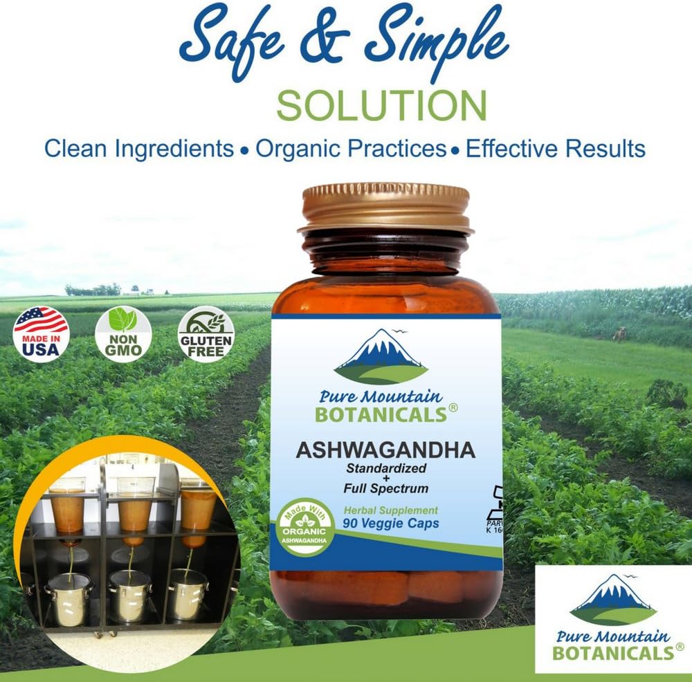 Pure Mountain Botanicals Ashwagandha Capsules - 90 Kosher Vegan Caps with 475mg Organic Ashwagandha Root & Potent Ashwagandha Extract