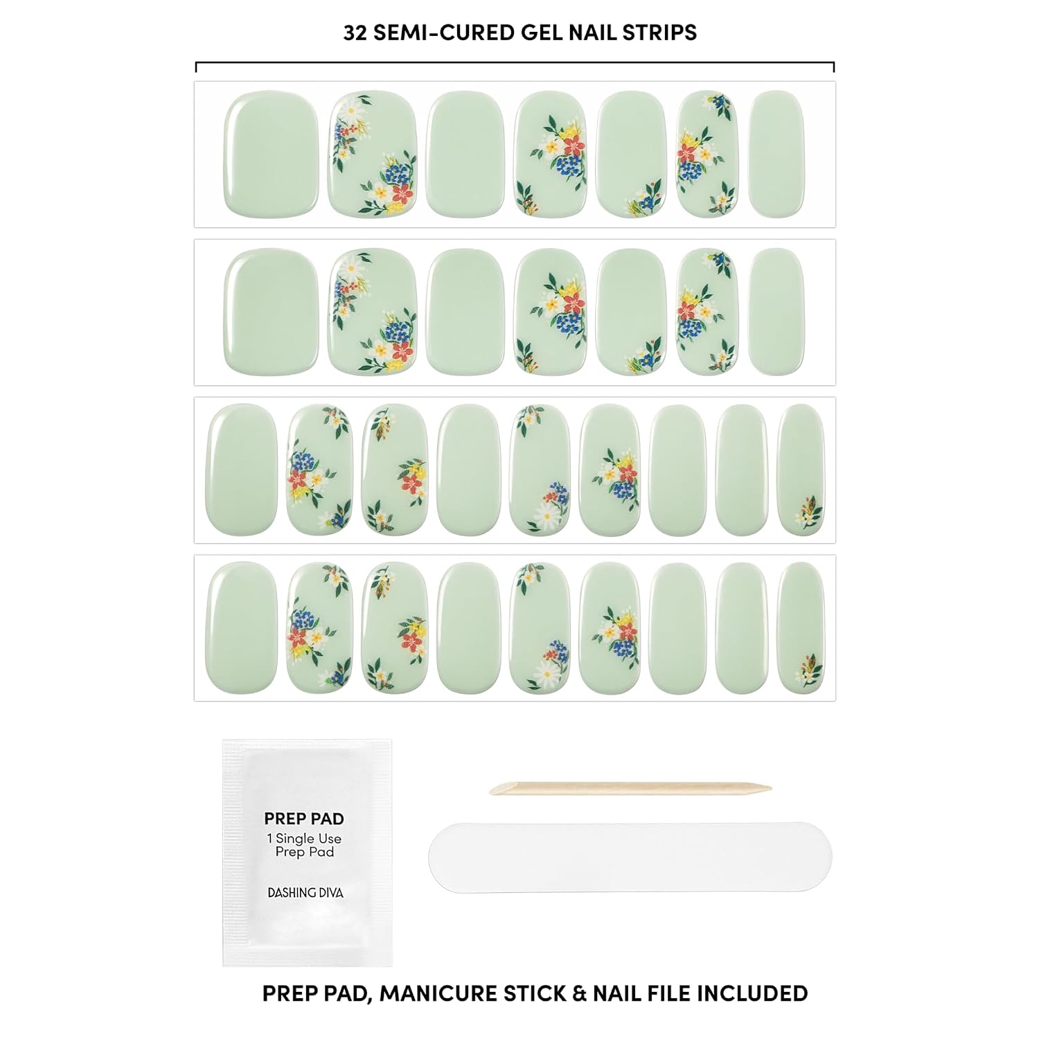 Dashing Diva Glaze Design Nail Strip Set - Fairy Garden - Long Lasting, Chip Resistant, Semi-Cured Gel Nail Strips - 4-Piece Manicure Set with 32 Strip